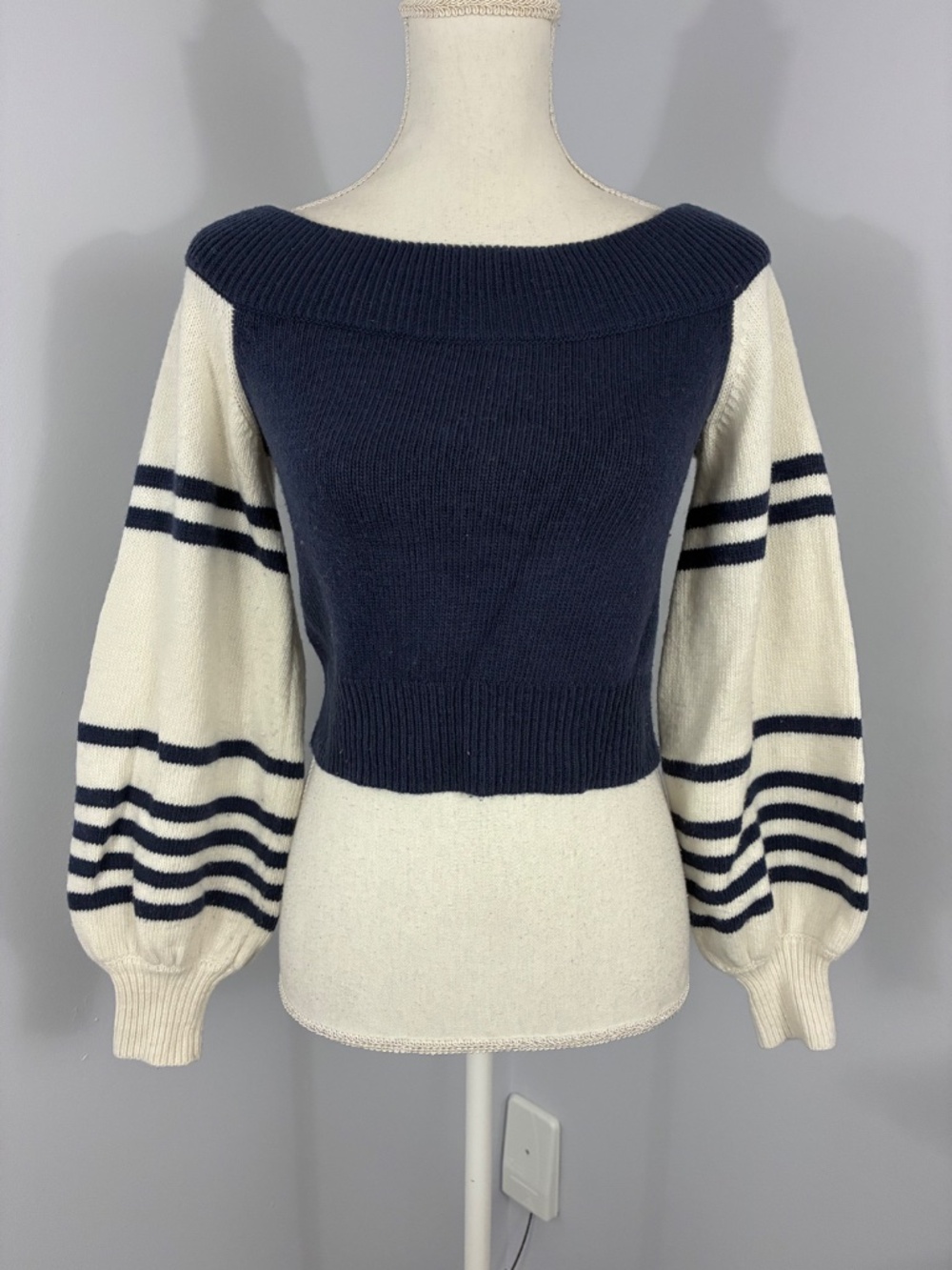Coquette Striped Sweater M Balloon Sleeve Knit Bardot Slim Navy White French